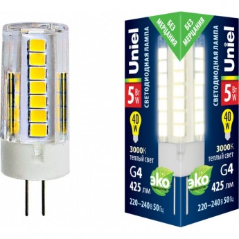 Лампа светодиодная UNIEL LED-JC-220/5W/3000K/G4/CL GLZ09TR картон