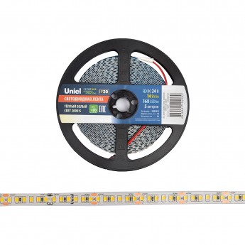 Светодиодная лента UNIEL ULS-2835-168LED/m-10mm-IP20-DC24V-14W/m-5M-3000K катушка в герметичной упаковке
