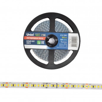 Светодиодная лента UNIEL ULS-2835-168LED/m-10mm-IP20-DC24V-14W/m-5M-4000K катушка в герметичной упаковке