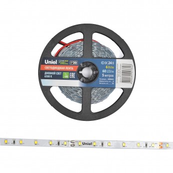 Светодиодная лента UNIEL ULS-2835-60LED/m-8mm-IP20-DC24V-6W/m-5M-W катушка в герметичной упаковке