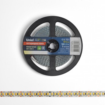 Светодиодная лента UNIEL ULS-M16-2835-180LED/m-10mm-IP20-DC12V-17W/m-5M-3000K PROFI катушка в герметичной упаковке