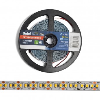 Светодиодная лента UNIEL ULS-M16-2835-180LED/m-10mm-IP20-DC12V-17W/m-5M-4000K PROFI катушка в герметичной упаковке