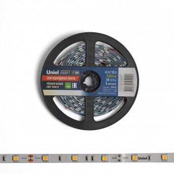 Светодиодная лента UNIEL ULS-M22-5050-30LED/m-10mm-IP20-DC12V-7,2W/m-5M-3000K PROFI катушка в герметичной упаковке